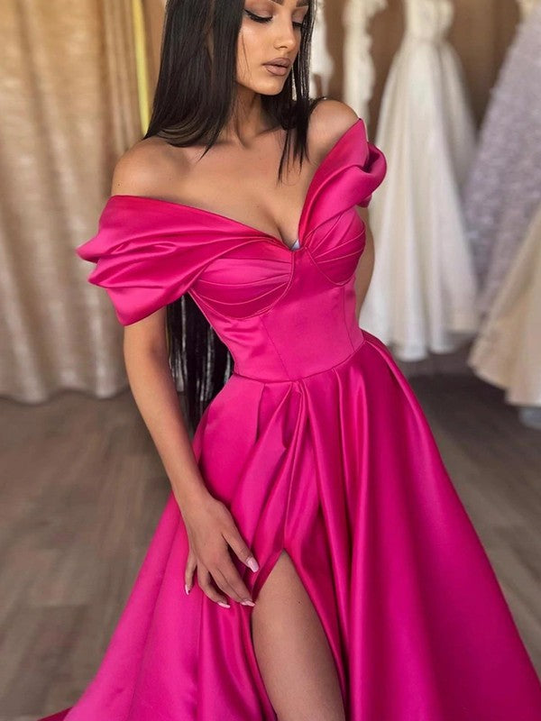 Vestidos de satén fruncidos, sin mangas, con hombros descubiertos y cola larga